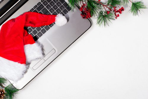 Office,Table,With,Computer.,Christmas,Background.,Top,View